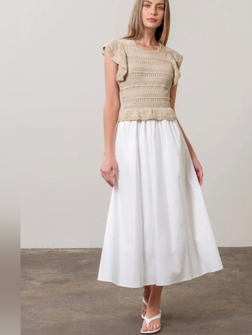 Moon River Midi Dress with Tan Crochet Top and White Skirt Size M NWT